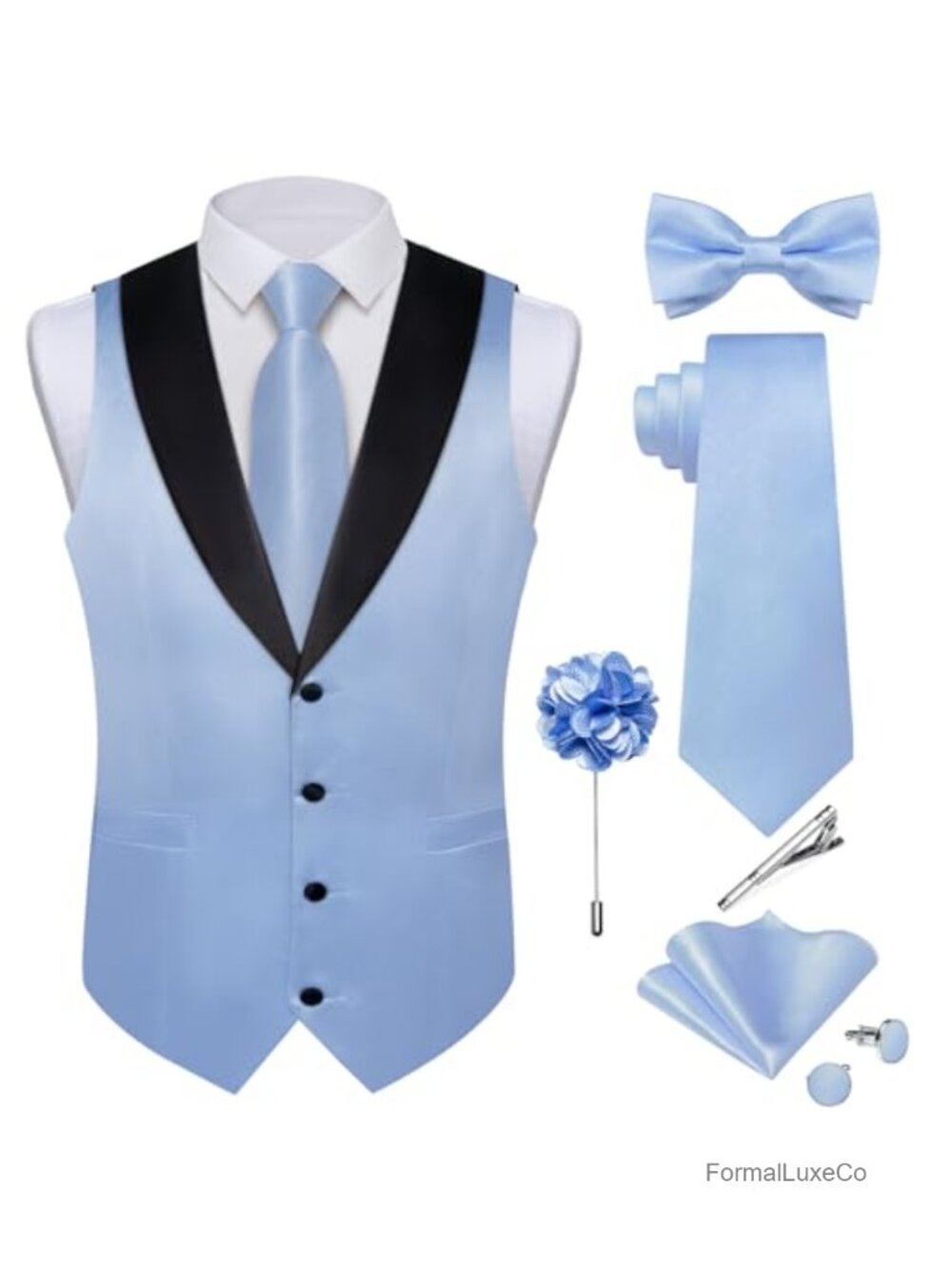 Mens Satin Vest and Tie Set Formal Waistcoat Shawl Collar 8 Piece Suit
